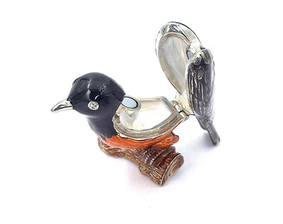 Metal box shaped like a bird with crystals, personalized engraving, perfect as a gift - black, silver, brown, orange, dimensions 5x6x5 cm, material: metal, enamel, crystal