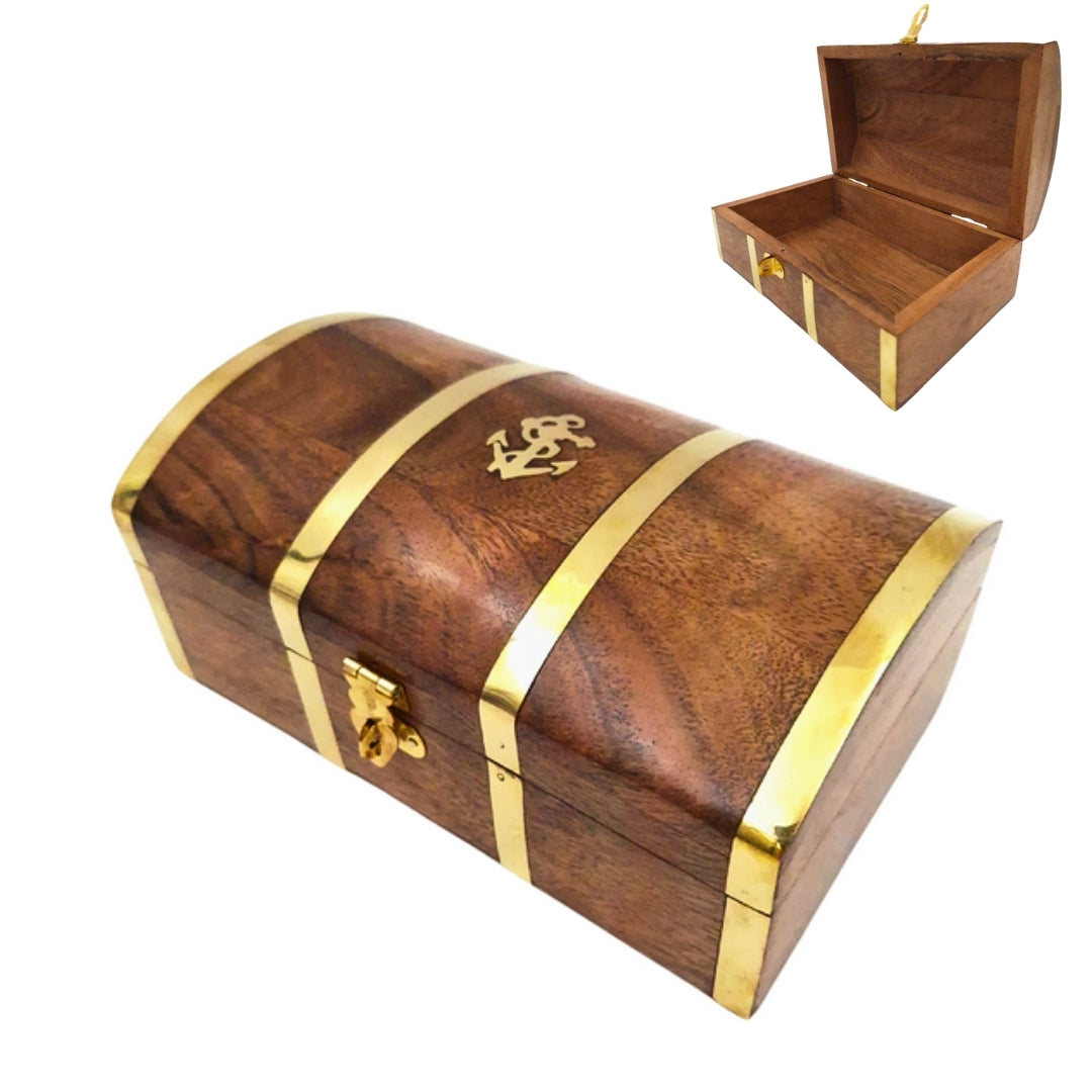 Vintage Nautical Wooden Jewelry Box DNU-020 with Brass Anchor Motif, Personalized Engraving, Perfect Gift for Sea Lovers, Dimensions 18.4 × 12.7 × 7.6 cm