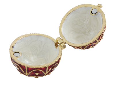 Exclusive metal Fabergé jewelry box with crystals in red and gold, customizable engraving, perfect as a gift, dimensions 5.5x6.5 cm