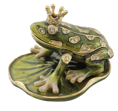 Exclusive metal box shaped like a frog with crystals, dark green and gold, customizable engraving, perfect as a gift, dimensions 6.5x6.7x4.5 cm