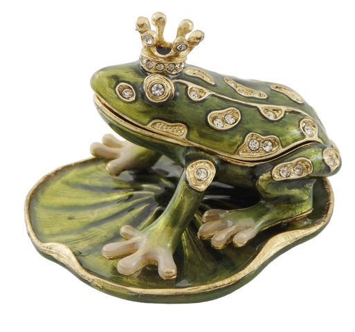Exclusive metal box shaped like a frog with crystals, dark green and gold, customizable engraving, perfect as a gift, dimensions 6.5x6.7x4.5 cm