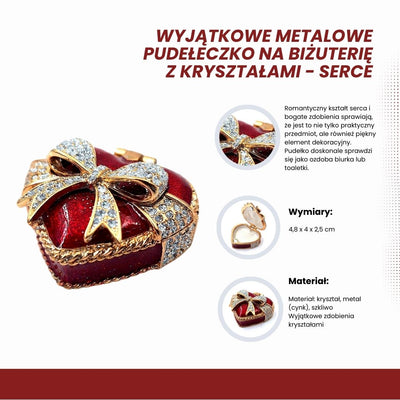 Metal jewelry box shaped like a heart with crystals, red-gold-silver, customizable engraving, perfect for a romantic gift, dimensions 4.8 x 4 x 2.5 cm