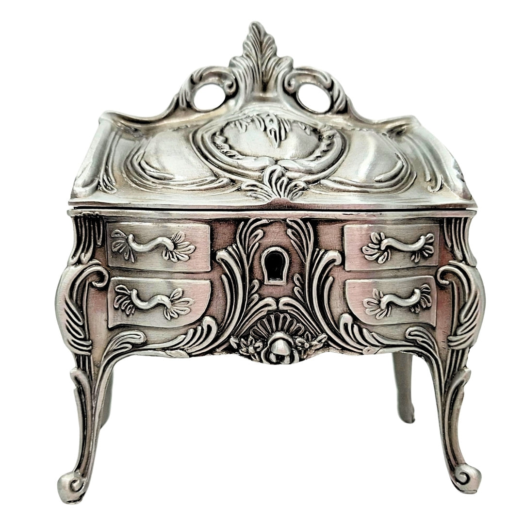 Silver Retro Metal Jewelry Box 2056M with Engraving Option - Elegant Gift for Mother's Day or Birthday, Dimensions 9.7 x 10 x 6.7 cm, Rococo Style with Floral Ornaments