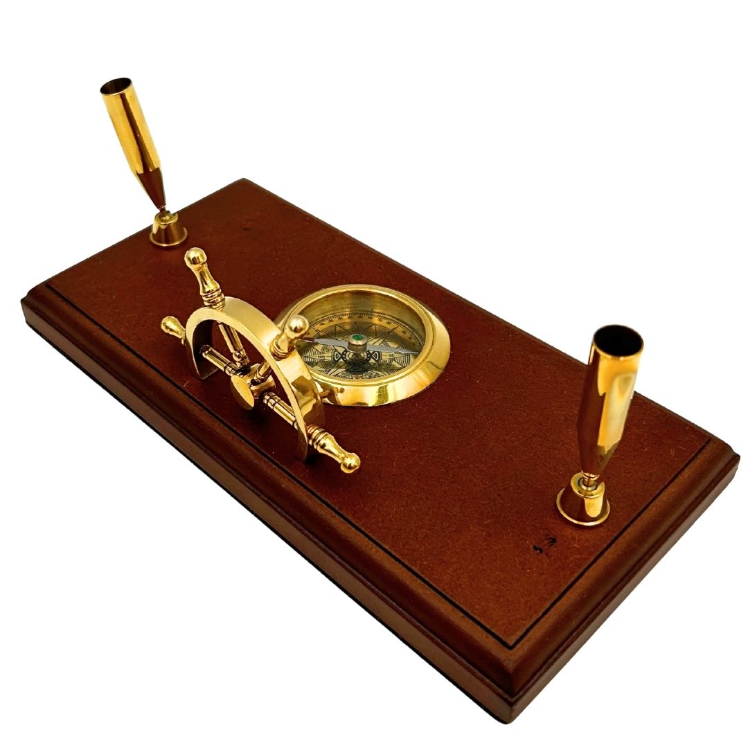 Nautical Desk Set with Engraving – Ship's Wheel, Compass, Pen Holders Made of Polished Wood and Brass