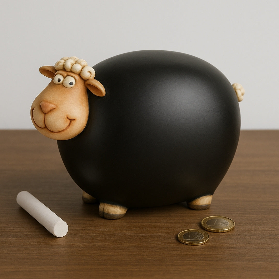 Sheep Piggy Bank with Chalkboard Paint and Customizable Engraving - Black with Beige and White Elements, Height 19.5 cm