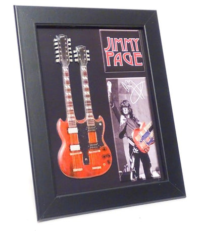 Mini double neck kytara ve stylu Jimmy Page FMG-011 s možností personalizace gravírováním, ideální dárek – dřevěný rám 1,3 cm x 16 cm x 21,4 cm, ocelová konstrukce  