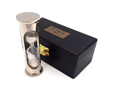 Klepsydra Mosiężna Retro z Drewnianym Pudełkiem - Personalizowany Grawer - Idealny Prezent na 1 Minutę - Wysokość 8,5 cm - Stylowa Dekoracja Biurka