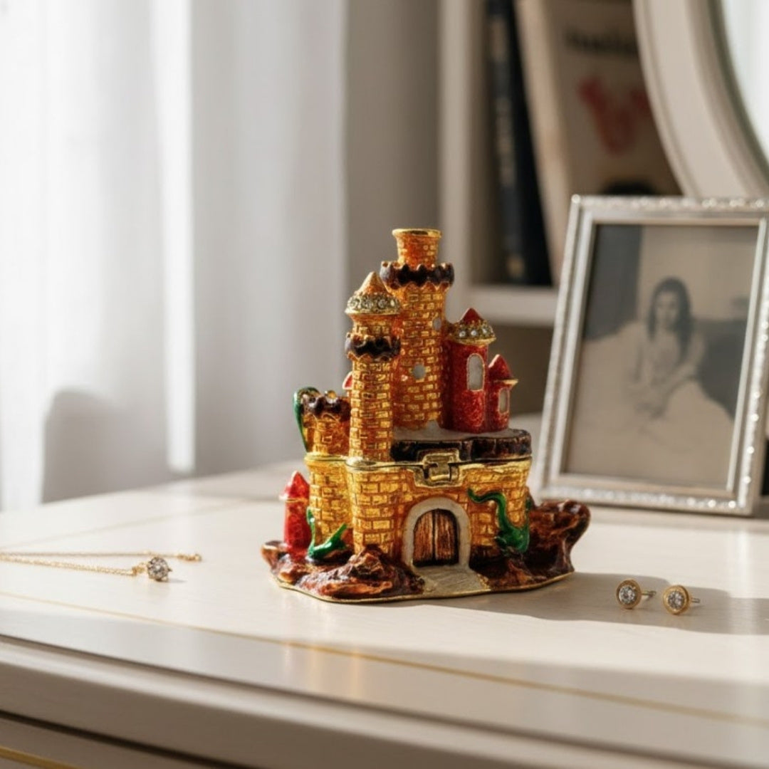 Castle-Shaped Jewelry Box Decorated with Crystals with Option for Personalized Engraving