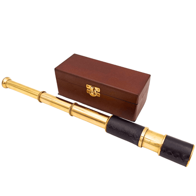 Brass and Leather Telescope with Engraving in Wooden Box