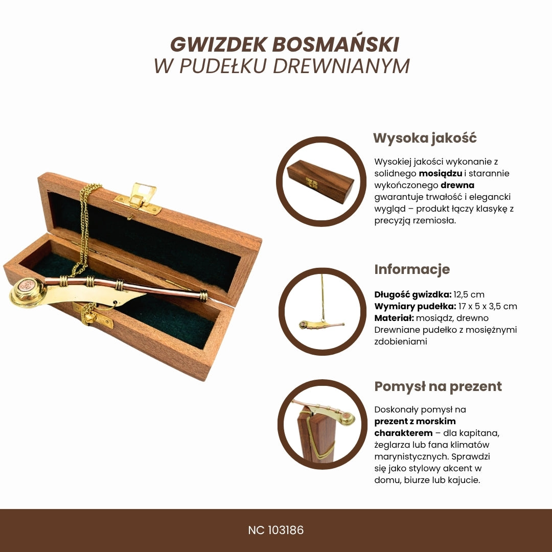 Gwizdek Bosmański z Grawerem w Eleganckim Drewnianym Pudełku – Mosiężny, 12,5 cm