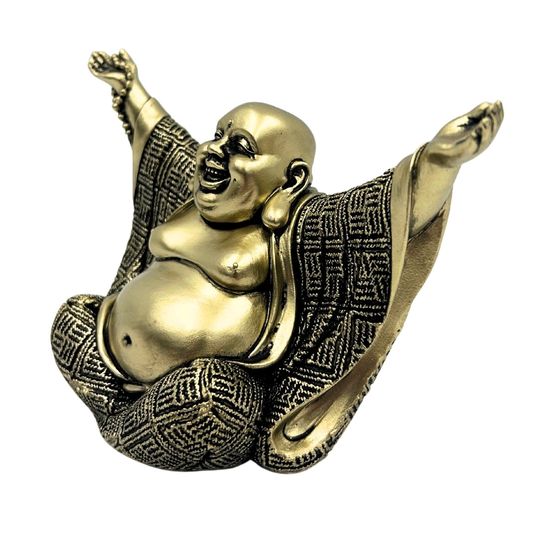 Figurka Radosnego Buddy w Złocie z Możliwością Personalizacji Grawerem - Elegancka Dekoracja na Prezent o Wysokości 17,1 cm z Polyresinu, Symbolizująca Bogactwo i Szczęście