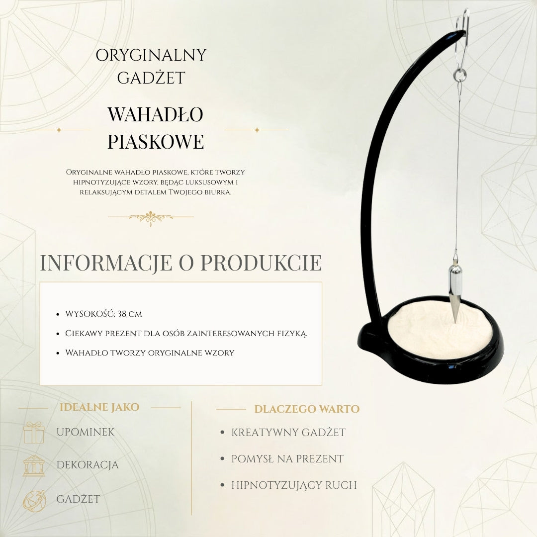 Wahadło Piaskowe Sand Pendulum z Grawerem - Inspirująca Dekoracja 38cm z Kinetycznym Piaskiem