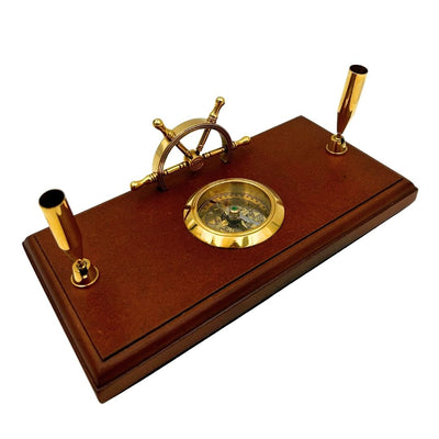 Nautical Desk Set with Engraving – Ship's Wheel, Compass, Pen Holders Made of Polished Wood and Brass