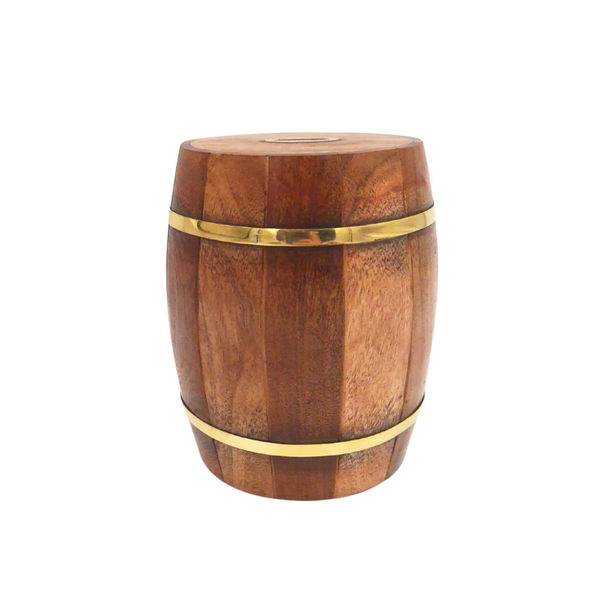 Large Wooden Barrel Piggy Bank with Brass Fittings