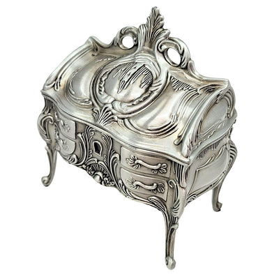 Silver Retro Metal Jewelry Box 2056M with Engraving Option - Elegant Gift for Mother's Day or Birthday, Dimensions 9.7 x 10 x 6.7 cm, Rococo Style with Floral Ornaments