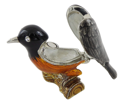 Metal box shaped like a bird with crystals, personalized engraving, perfect as a gift - black, silver, brown, orange, dimensions 5x6x5 cm, material: metal, enamel, crystal