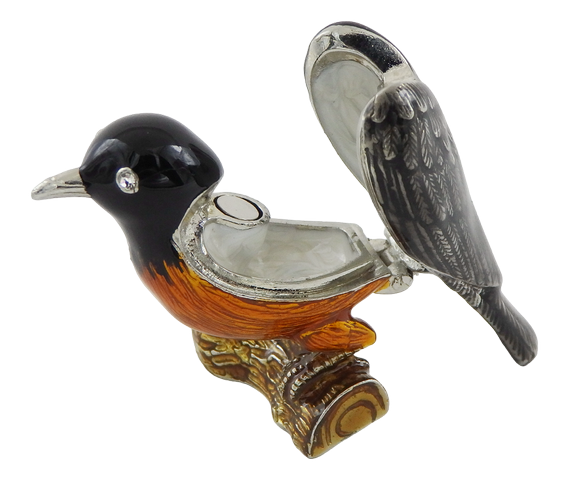 Metal box shaped like a bird with crystals, personalized engraving, perfect as a gift - black, silver, brown, orange, dimensions 5x6x5 cm, material: metal, enamel, crystal