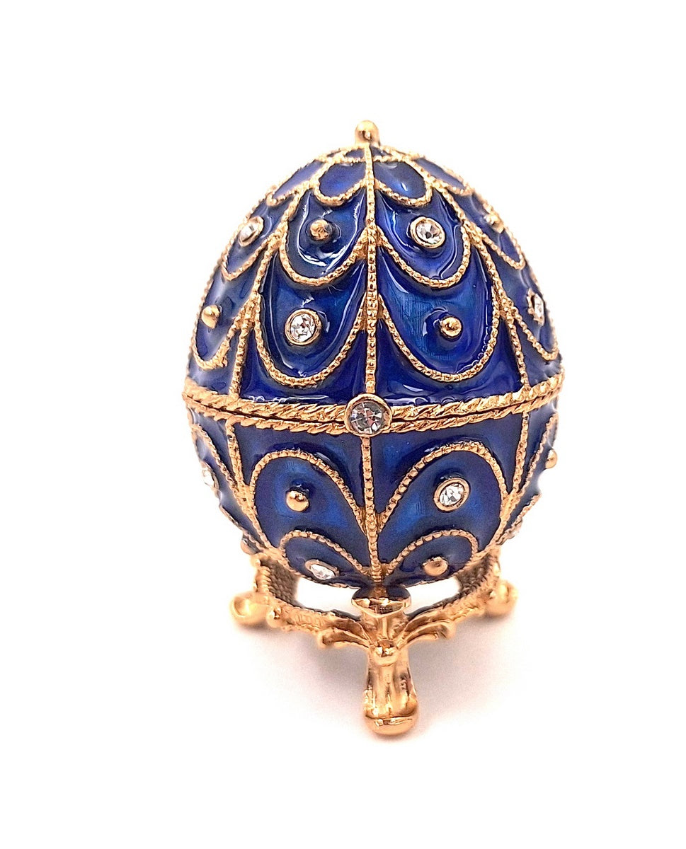 Exclusive metal jewelry box with crystals in the shape of a Fabergé egg, navy blue and gold, 5.5x6.5 cm with customizable engraving