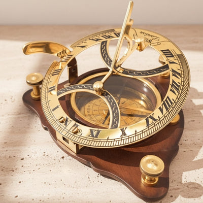 Elegant Brass Compass with Sundial on Wooden Base C064 with Option for Personalized Engraving