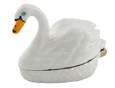 Elegant metal gift box shaped like a swan with customizable engraving, white and gold, perfect for storing jewelry - dimensions 5x3.7x2.7 cm
