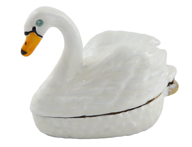 Elegant metal gift box shaped like a swan with customizable engraving, white and gold, perfect for storing jewelry - dimensions 5x3.7x2.7 cm