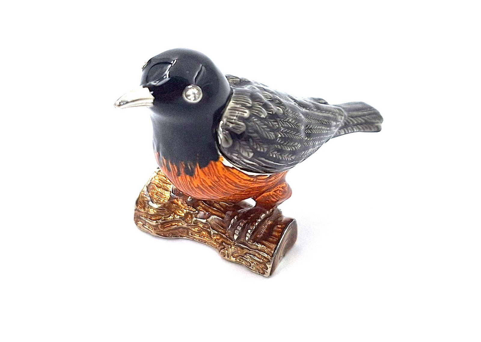 Metal box shaped like a bird with crystals, personalized engraving, perfect as a gift - black, silver, brown, orange, dimensions 5x6x5 cm, material: metal, enamel, crystal