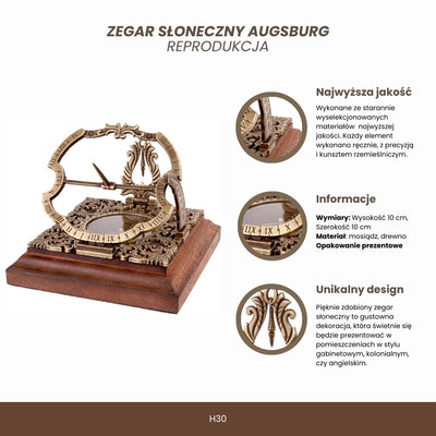 Ceas solar Habsburg H30 din alamă, cu posibilitate de personalizare prin gravură, ideal pentru cadou, în stil augsburghez elegant, înălțime 10 cm, pe bază din lemn