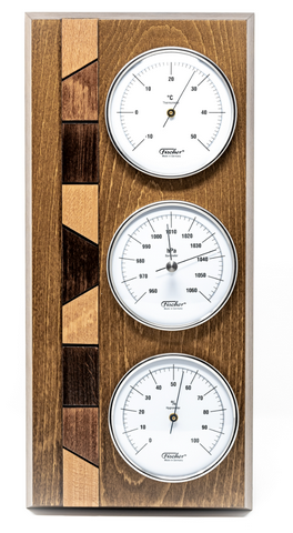 Fischer 9171-31 weather station with barometer, hygrometer, and thermometer on wooden base with engraving personalization option