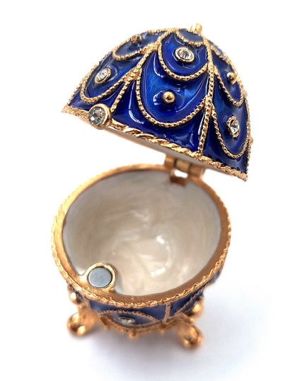 Exclusive metal jewelry box with crystals in the shape of a Fabergé egg, navy blue and gold, 5.5x6.5 cm with customizable engraving