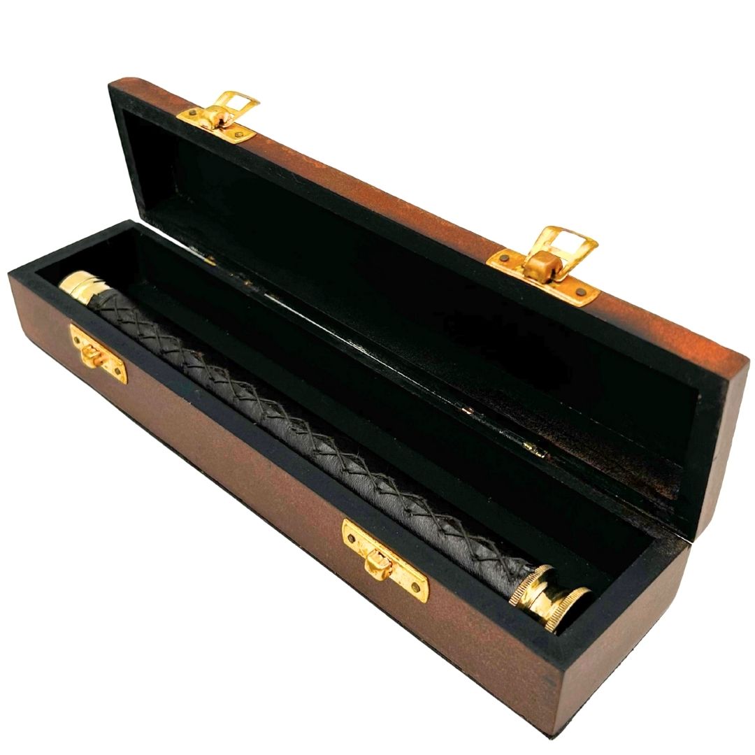 Brass and Leather Telescope with Personalized Engraving in Wooden Box