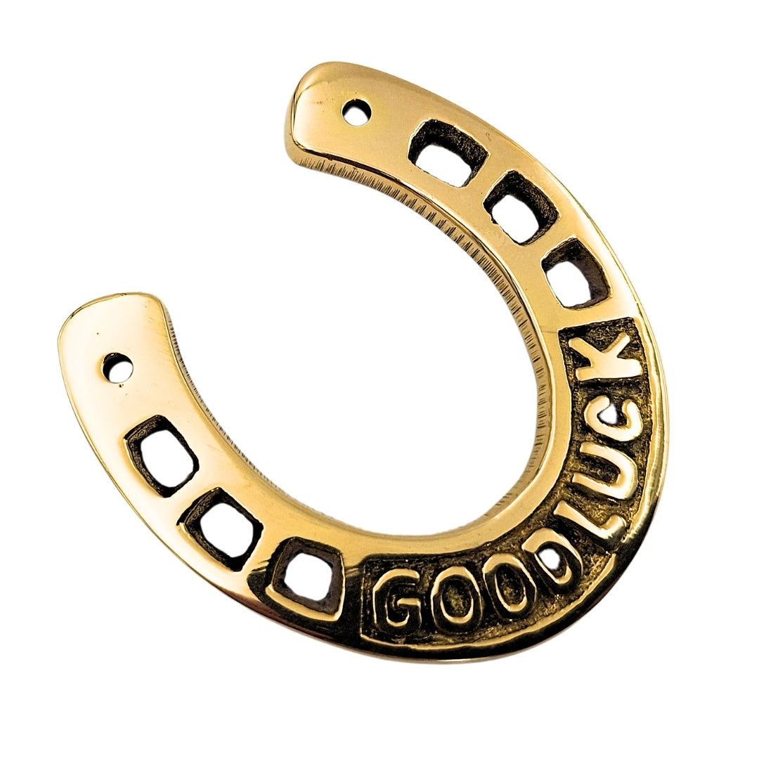 7 cm Brass Horseshoe of Luck with Engraving - Elegant Gift for New Home, Graduation, or New Job, Gold Ornament with "Good Luck" Inscription