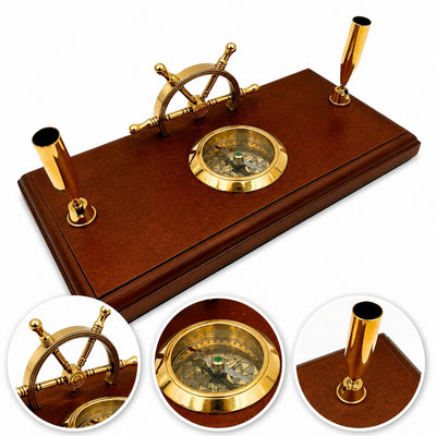 Nautical Desk Set with Engraving – Ship's Wheel, Compass, Pen Holders Made of Polished Wood and Brass