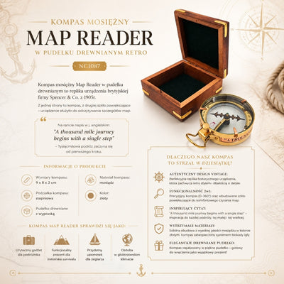 Mosazný kompas Map Reader s gravírováním v retro dřevěné krabičce