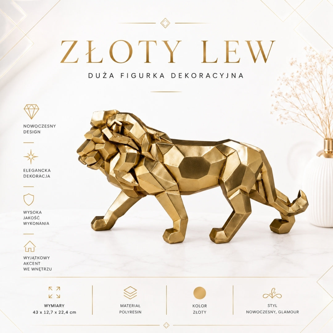 Duża Figurka Lwa Złotego 43cm z Możliwością Personalizacji Grawerem - Elegancka Ozdoba na Prezent, Wysokiej Jakości Polyresin, Nowoczesny Styl Glamour