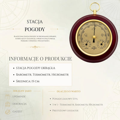 Stacja Pogody 3w1 YG386 z Grawerem - Elegancki Termometr, Barometr i Higrometr w Okrągłej Drewnianej Obudowie