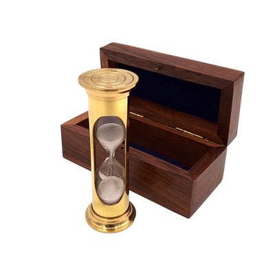 Clepsidră cu nisip ROUND STP99 în cutie din lemn, cu posibilitate de personalizare prin gravură, din alamă, aurie, 3 minute, cadou ideal pentru pasionații de RPG și deținătorii de recorduri Guinness