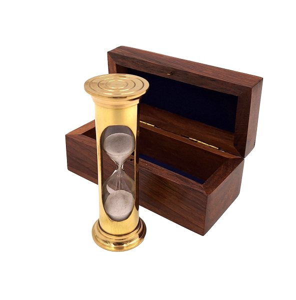 Clepsidră cu nisip ROUND STP99 în cutie din lemn, cu posibilitate de personalizare prin gravură, din alamă, aurie, 3 minute, cadou ideal pentru pasionații de RPG și deținătorii de recorduri Guinness