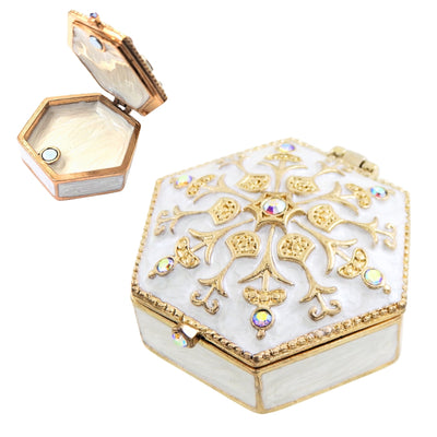 Elegant metal gift box with crystals B0035-08WH, white and gold, customizable engraving, perfect for jewelry and small items, 5x5x2 cm