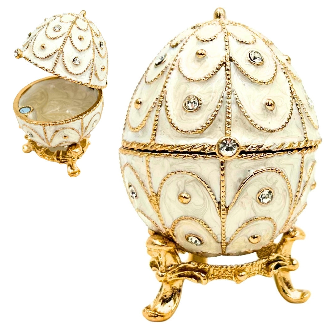 Exclusive Fabergé Egg Metal Jewelry Box with Crystals in White and Gold with Engraving Personalization Option