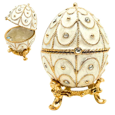 Exclusive Fabergé Egg Metal Jewelry Box with Crystals in White and Gold with Engraving Personalization Option