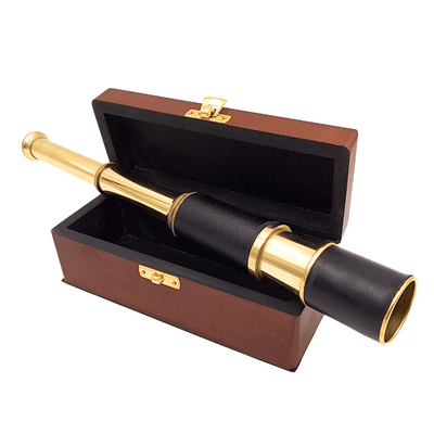 Brass and Leather Telescope with Engraving in Wooden Box