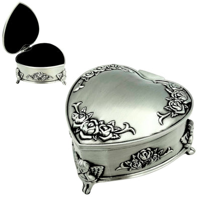Heart-Shaped Metal Jewelry Box with Personalized Engraving Option – Elegant Gift for Valentine's Day, Anniversary, or Birthday, Decorated with Rose Motif, Dimensions 8.7 x 8.4 x 5.1 cm