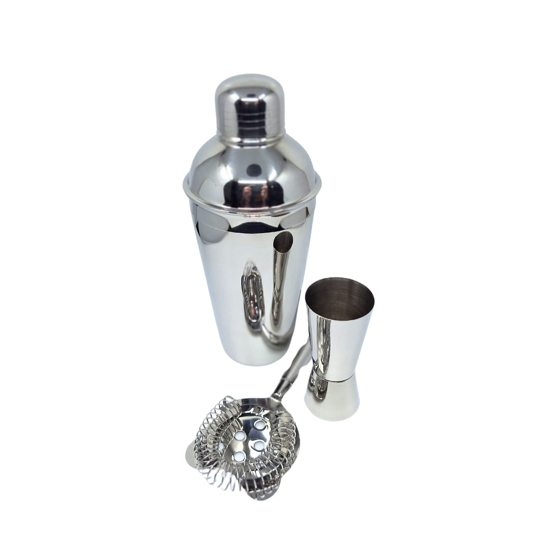 Steel Bartender Set 3 pieces with customizable engraving - Shaker 750 ml, Jigger 15/30 ml, Strainer - elegant gift for cocktail lovers, stainless steel, silver color