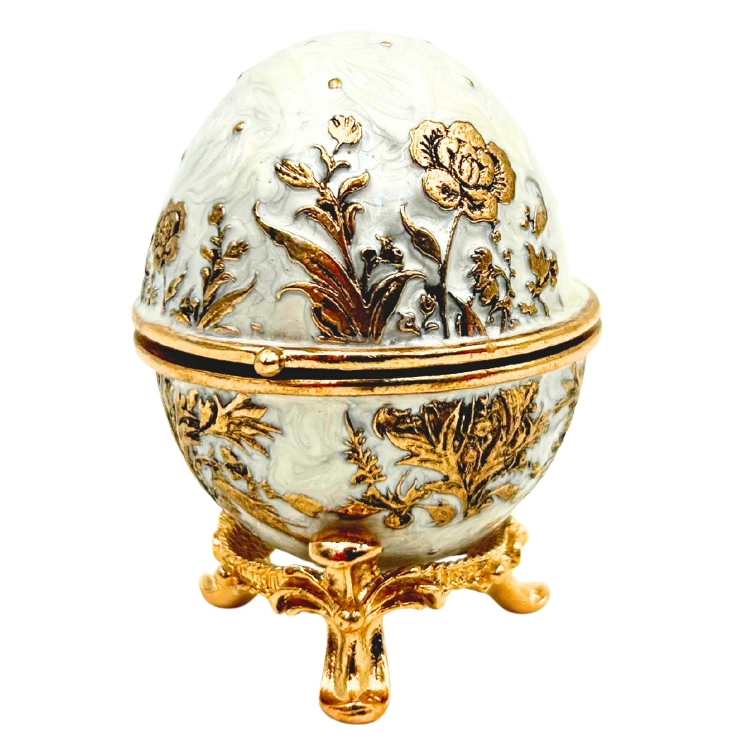 Exclusive Fabergé Egg Metal Jewelry Box with Crystals in White and Gold with Engraving Personalization Option