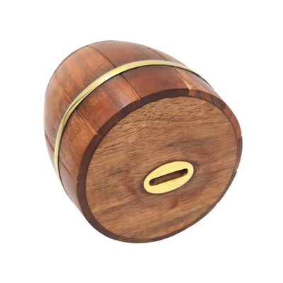 Large Wooden Barrel Piggy Bank with Brass Fittings