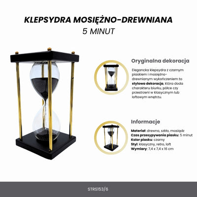 Klepsydra Mosiężno-Drewniana 5 minut z Czarnym Piaskiem z Możliwością Personalizacji Grawerem – Elegancka Dekoracja Retro na Prezent o Wysokości 16 cm