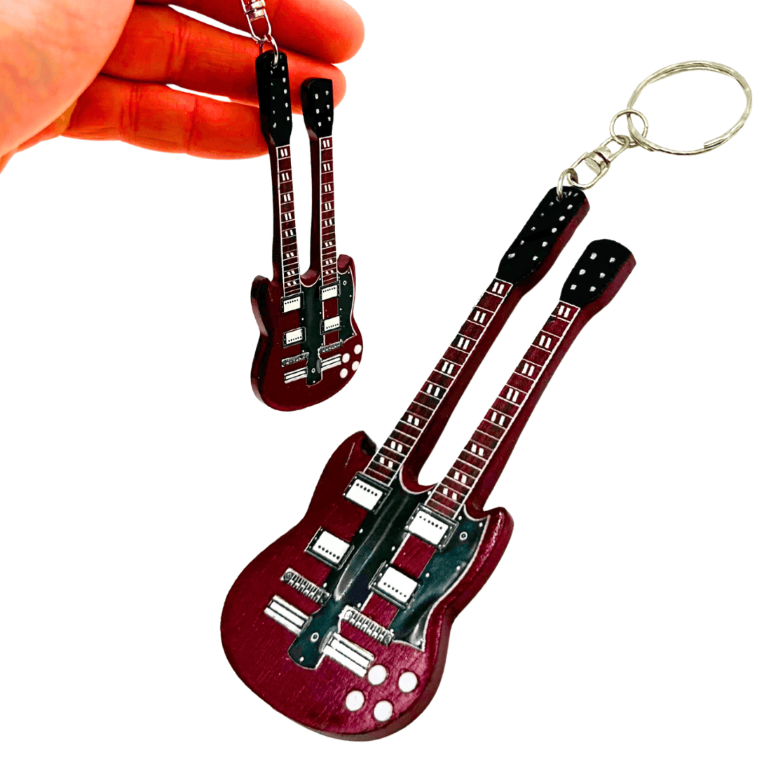 Breloczek Gitara Led Zeppelin - Jimmy Page - Personalizowany Grawer - Czerwony Mahoniowy - Idealny Prezent dla Gitarzysty i Fana Rocka - Wymiary 6 x 11 x 0,5 cm