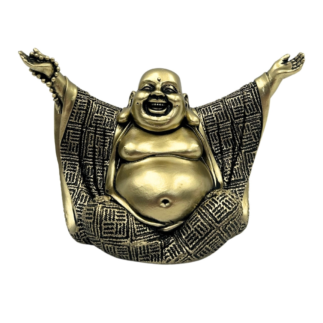Figurka Radosnego Buddy w Złocie z Możliwością Personalizacji Grawerem - Elegancka Dekoracja na Prezent o Wysokości 17,1 cm z Polyresinu, Symbolizująca Bogactwo i Szczęście
