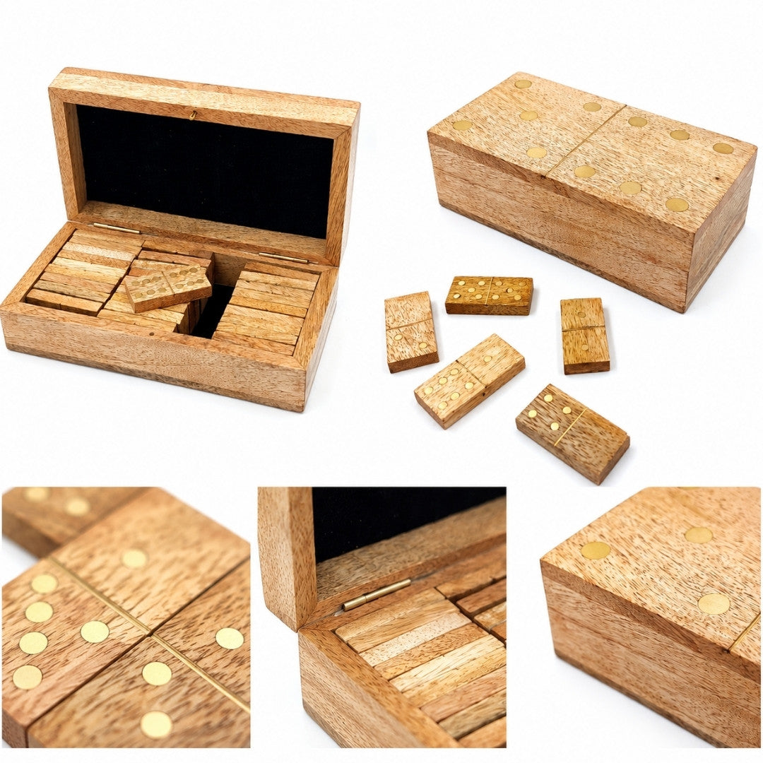 Wooden Mango Dominoes in Box with Engraving - Personalized Gift for Adults, 28 Tiles, Brass Decorations, Box Dimensions 15 x 8 x 4.5 cm