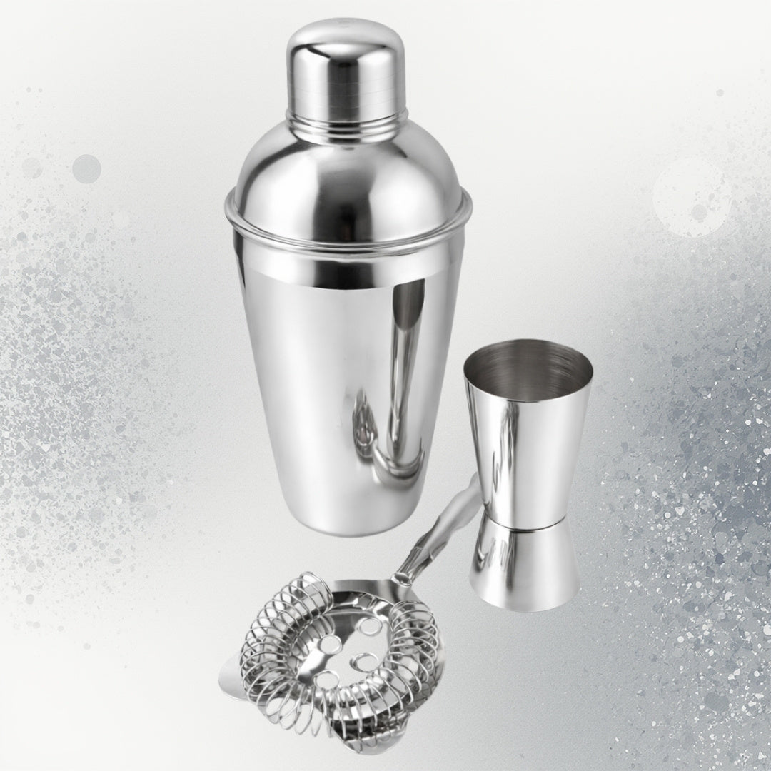 Barmanská sada Steel 3 díly s možností personalizace gravírováním - Shaker 750 ml, Jigger 15/30 ml, Strainer - elegantní dárek pro milovníky drinků, nerezová ocel, stříbrná barva